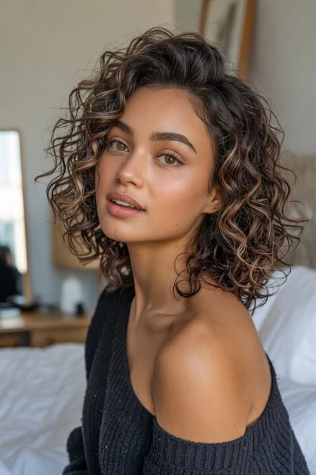 A woman with curly brown hair and natural makeup sitting on a bed in a cozy bedroom, showcasing beauty and skincare. Perfect for beauty, haircare, and lifestyle content on The Beauty Deep Life.