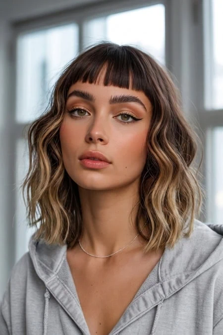 A woman with shoulder-length wavy hair and bangs, wearing a light gray hoodie, posing indoors with natural light coming through large windows in the background.