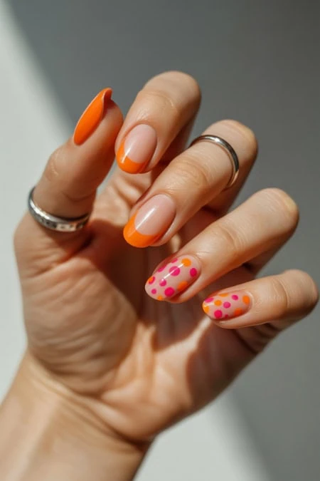 Orange and pink polka dot manicure on well-manicured hand with rings, showcasing stylish nail art and vibrant colors, perfect for beauty and nail care themes.