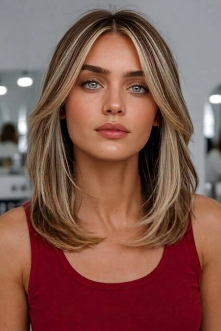 Bright-eyed young woman with blonde hair and natural makeup, wearing a red sleeveless top, in a modern beauty salon setting, emphasizing skincare, beauty, and wellness.