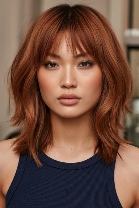 A woman with shoulder-length lob haircut, wavy auburn hair and natural makeup, wearing a navy blue sleeveless top, posing indoors with a blurred background.