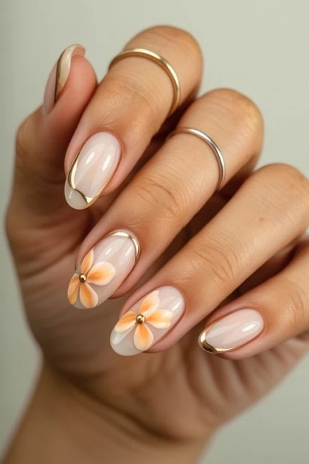 Elegant hand with floral nail art featuring peach and white flowers, gold accents, and a clear glossy finish, showcasing stylish manicure and well-groomed nails.