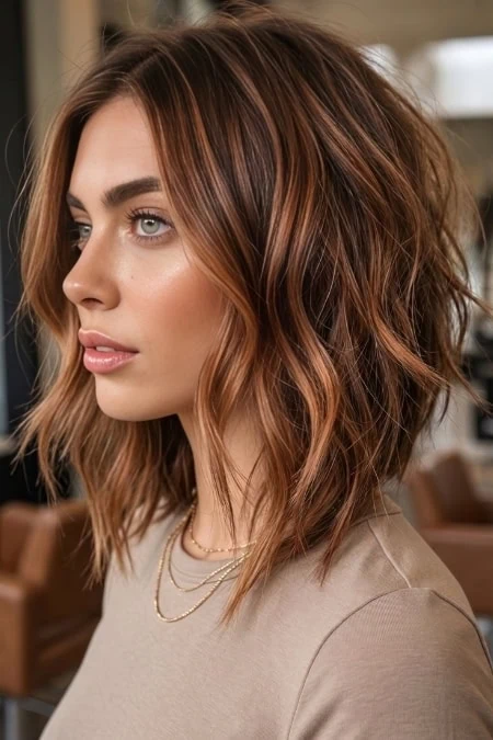 A woman with shoulder-length lob haircut, wavy auburn hair and natural makeup, wearing a beige top and layered gold necklaces, sitting in a cozy, well-lit indoor space.