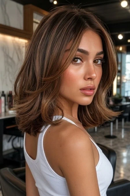 A woman with shoulder-length, wavy brown hair and natural makeup, wearing a white tank top, sitting in a modern, stylish cafe with warm lighting and contemporary decor.