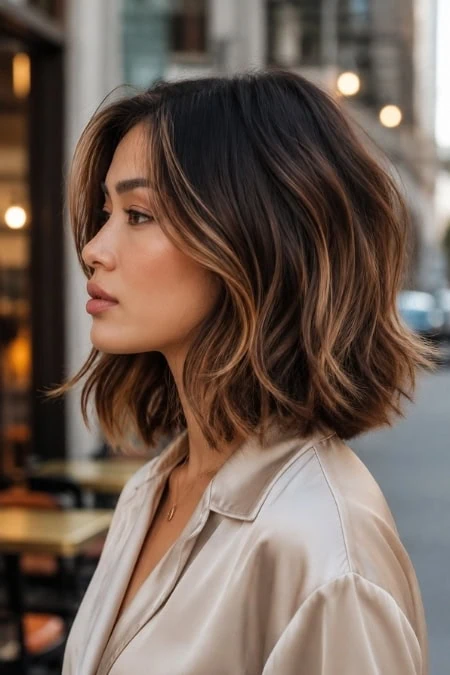 A woman with shoulder-length, wavy brunette hair with caramel highlights, in a lob haircut, wearing a beige satin blouse, standing outdoors in an urban setting with blurred city background.