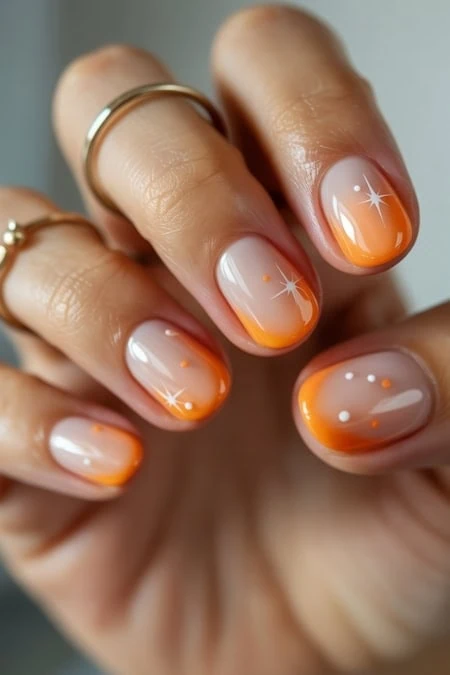A beautiful hand with manicured nails featuring an orange and white gradient design with star and dot accents, showcasing trendy nail art and personal grooming.