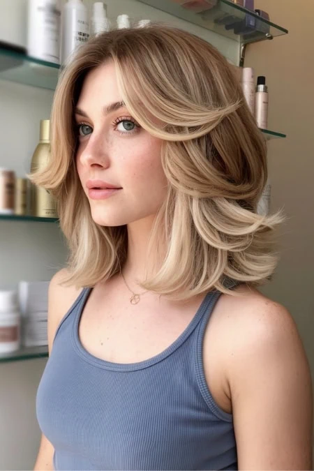 A woman with shoulder-length, wavy blonde hair and blue eyes, wearing a blue tank top, standing in a beauty salon with shelves of hair and skincare products in the background.