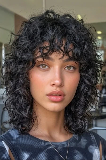A woman with curly black hair and natural makeup, posing indoors with a confident expression, showcasing beauty and hair care. Perfect for beauty, hair styling, and skincare content.