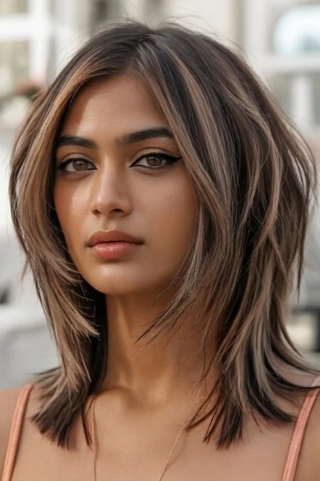 A woman with shoulder-length, layered brown hair and subtle makeup, posing outdoors in an urban setting with a confident expression.