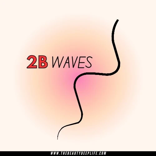 2B Waves logo with stylized black and pink wave lines representing hair or beauty waves, on a soft beige background.