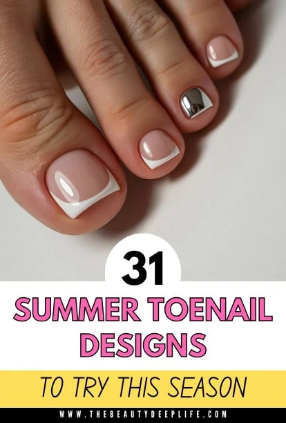 Elegant summer toe nail design with a classic French manicure and metallic accent on toenails, perfect for warm weather and beach outings.