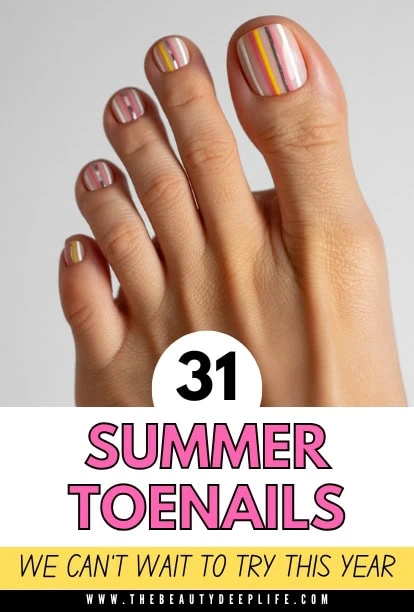 Close-up of a foot with colorful striped summer toenail polish, showcasing trendy nail art perfect for summer 2023.