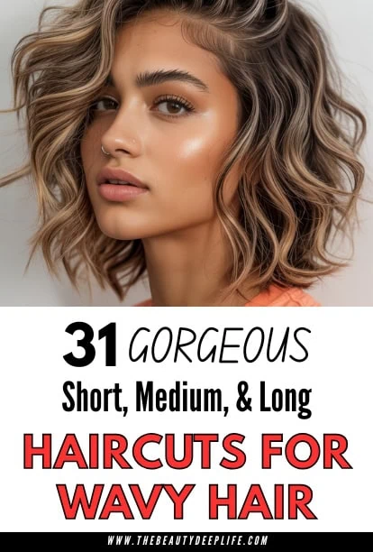 Beautiful woman with wavy, medium-length hair showcasing trendy hairstyle options for wavy hair, emphasizing short, medium, and long haircut styles for a stylish, modern look.