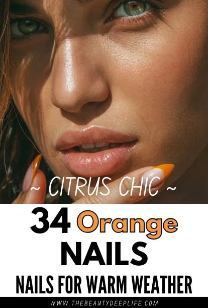 A detailed close-up of a woman's face showcasing vibrant orange nails, emphasizing citrus-inspired beauty and nail fashion, perfect for warm weather styles and seasonal nail trends.