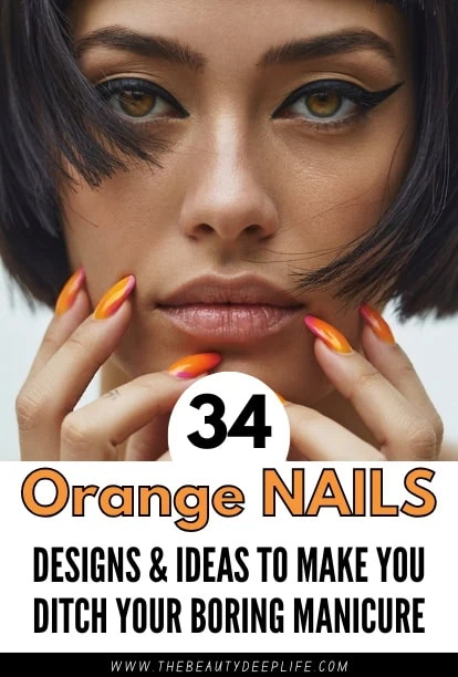 A detailed close-up of a woman's face showcasing vibrant orange nail polish on her well-manicured nails, with bold eye makeup and a confident expression, promoting nail art and manicure ideas.
