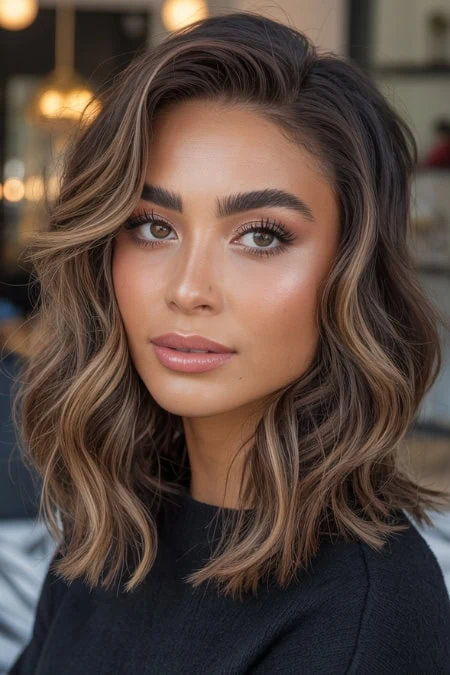 Beautiful young woman with wavy, shoulder-length lob haircut, natural makeup, and confident expression, indoors with warm lighting, showcasing modern beauty and skincare.