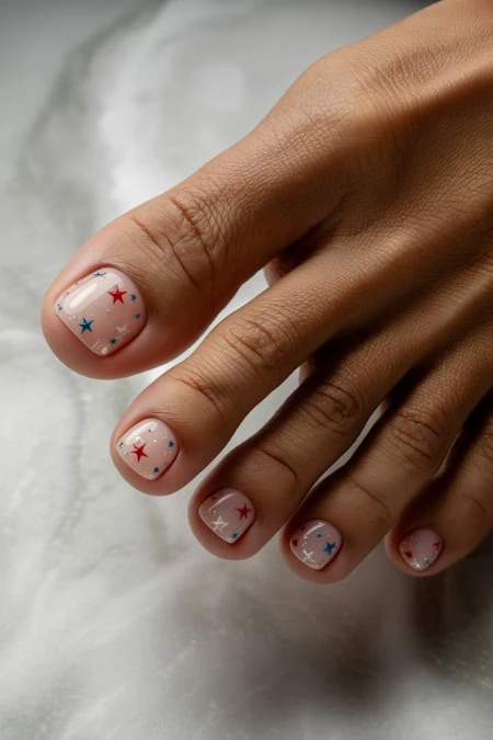 Nail art with patriotic star designs on well-manicured fingers, showcasing a stylish and festive look. Perfect for celebrating national holidays or adding a fun touch to your manicure.