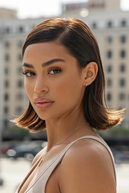 A woman with sleek, shoulder-length flipped lob haircut and dark hair, with natural makeup, wearing a beige top, standing outdoors in an urban setting with buildings and a clear sky in the background.