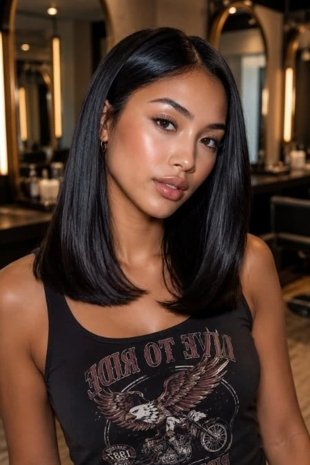 A woman with a straight black lob haircut and glowing skin, wearing a black sleeveless top with a graphic design, in a stylish indoor setting with warm lighting.