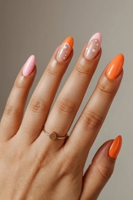 Polished manicure with pink and orange nail polish on well-groomed fingers, featuring a delicate gold ring on the middle finger, against a neutral background.