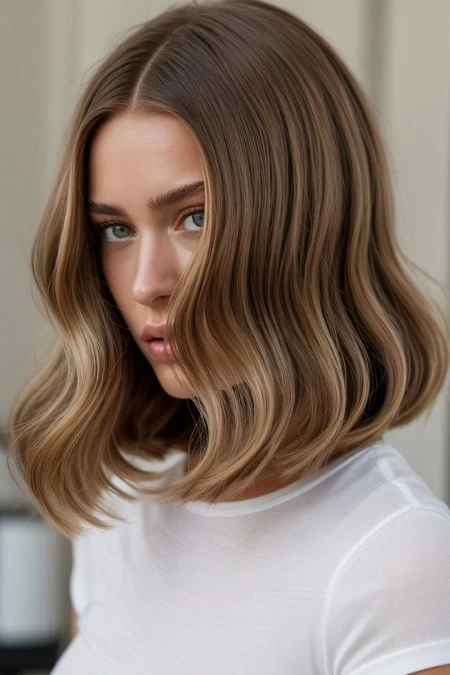 A beautiful young woman with shoulder-length lob haircut, wavy, light brown hair with blonde highlights, wearing a white top, looking confidently at the camera in a well-lit indoor setting.