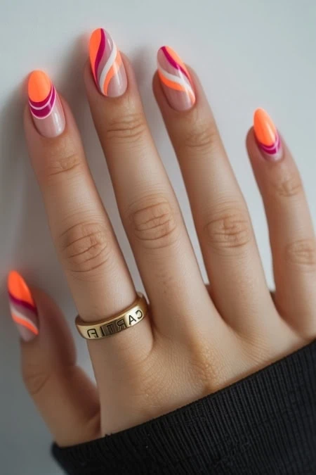 Brightly colored manicure showcasing creative and trendy polish styles for beauty and fashion enthusiasts.
