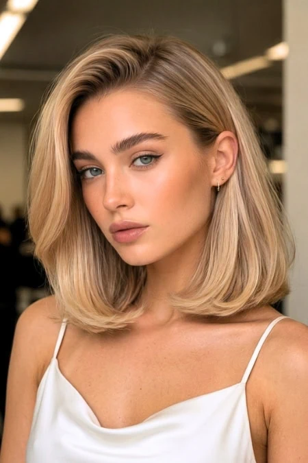 Elegant young woman with flawless makeup and styled blonde lob haircut, wearing a white satin top, in a modern indoor setting, showcasing beauty, skincare, and fashion trends for a lifestyle blog.
