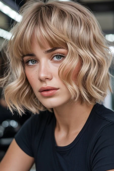 A woman with blonde, wavy hair and blue eyes, wearing a black top, in a modern salon setting with bright lighting and mirrors, showcasing beauty, hair styling, and skincare.