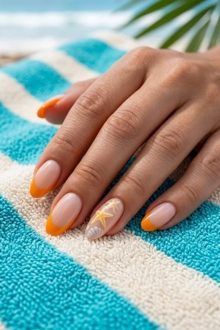 A colorful, stylish manicure featuring a starfish design on one nail, resting on a vibrant blue and white striped towel, perfect for beach or summer nail art inspiration.