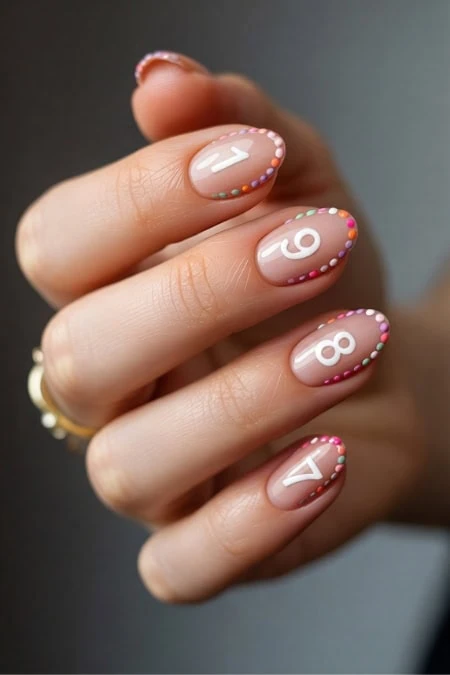 A detailed close-up of a hand with manicured nails featuring pastel pink polish and colorful dotted accents, showcasing creative nail art with white numbers on each nail.