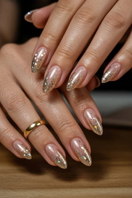 Shimmering gel nail polish with gold and silver glitter accents on almond-shaped nails, showcasing elegant and trendy manicure for beauty and self-care.