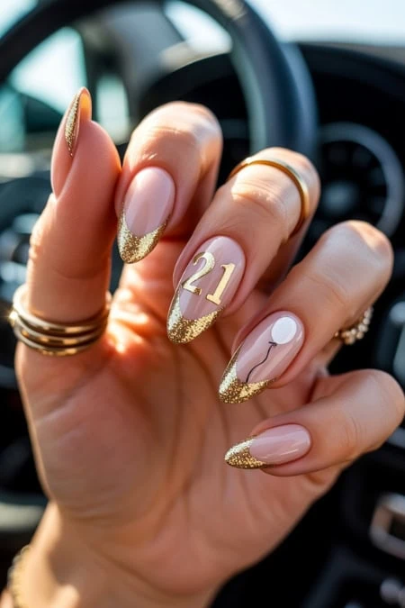 Celebrate New Year with elegant gold and white nail art featuring the number 2024, perfect for festive occasions and showcasing sophisticated, trendy manicure designs.
