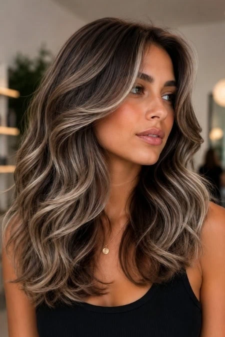 A woman with long, wavy, ash-brown hair styled in loose curls, wearing a black sleeveless top and a delicate gold necklace, in a modern indoor setting with soft lighting.