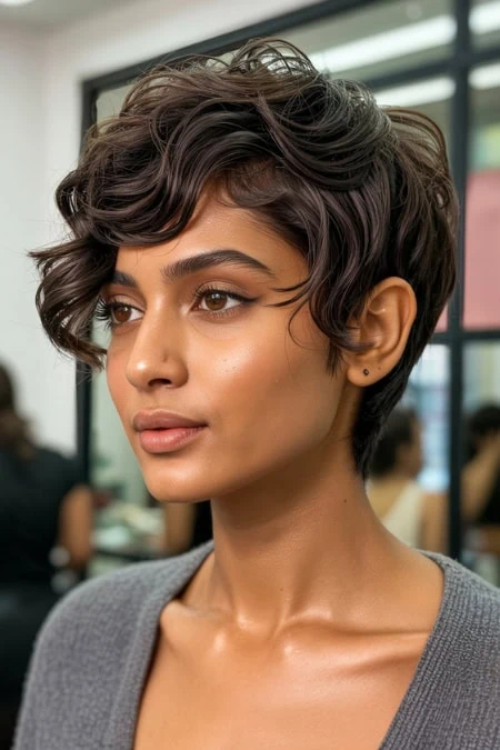 A woman with a short, curly hairstyle and natural makeup, looking to the side in a modern indoor setting with large windows.