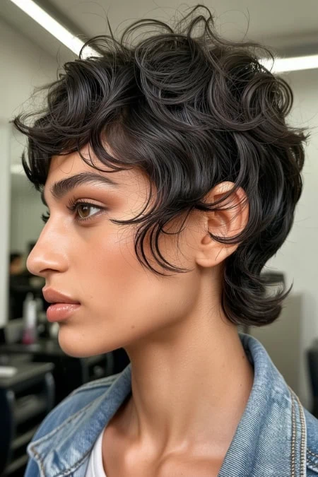 A woman with short, curly, dark hair styled in a modern, textured haircut, wearing a denim jacket, in a professional salon setting.