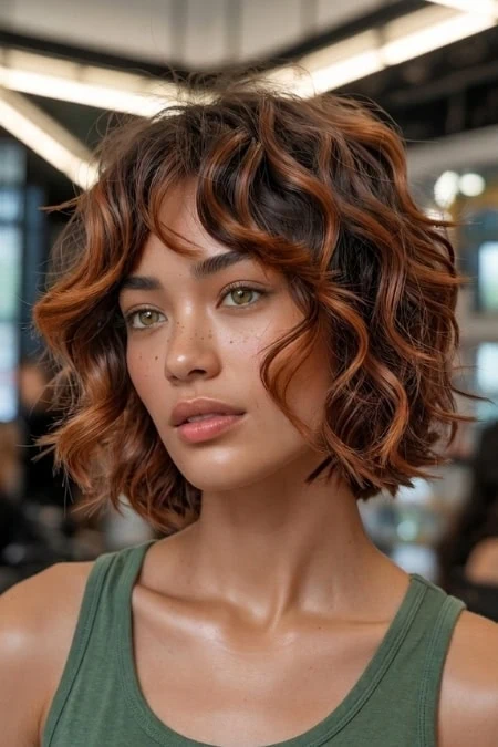 A woman with shoulder-length, curly auburn hair and natural makeup, wearing a green tank top, in a modern indoor setting with bright lighting and blurred background.
