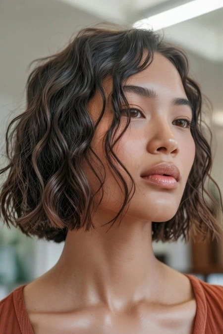 A woman with wavy, shoulder-length dark hair and natural makeup, wearing an orange top, in a bright, modern indoor setting.