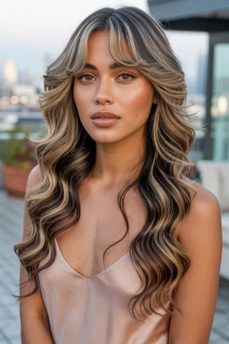 A woman with long, wavy blonde hair and natural makeup, posing outdoors on a balcony with a cityscape background, showcasing beauty, hair, and skincare concepts.