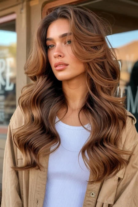 A woman with long, wavy brown hair and natural makeup standing outdoors in front of a beauty salon.