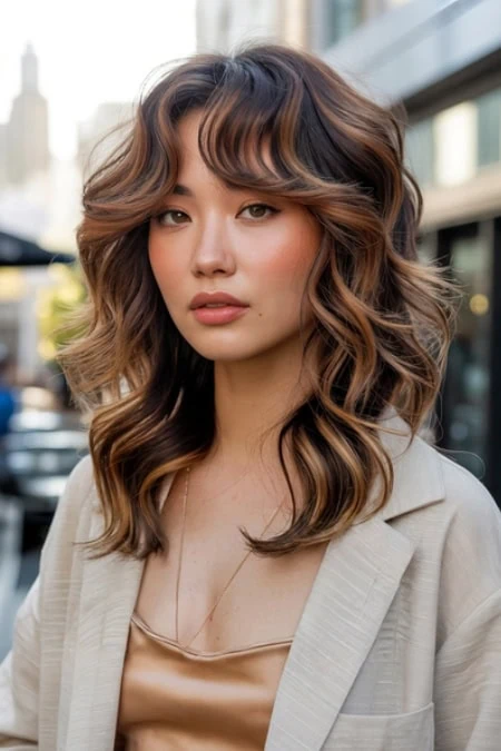 Beautiful young woman with wavy, shoulder-length hair in warm brown tones, wearing a beige blazer and a silky top, standing outdoors in an urban setting with modern buildings in the background.