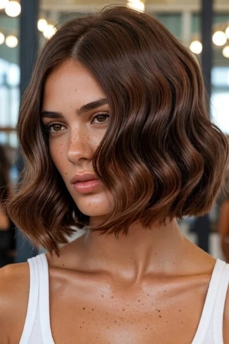 A woman with shoulder-length, wavy auburn hair in a modern salon setting, showcasing trendy hair styling and vibrant hair color.