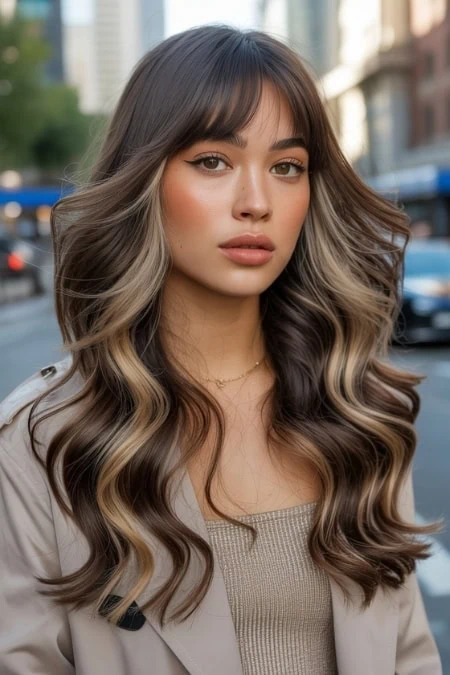A woman with long, wavy hair featuring balayage highlights, standing outdoors in an urban setting with blurred city buildings and traffic in the background.