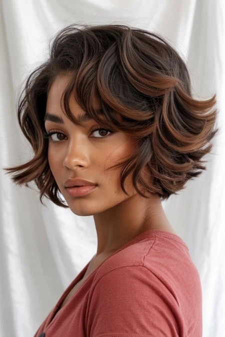 A woman with a stylish, layered short haircut featuring soft waves and warm brown highlights, wearing a pink top against a white fabric backdrop.