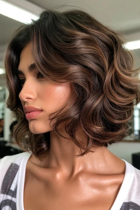 A woman with shoulder-length, wavy brunette hair styled in soft curls, wearing a white top with black accents, in a modern salon setting with bright lighting.