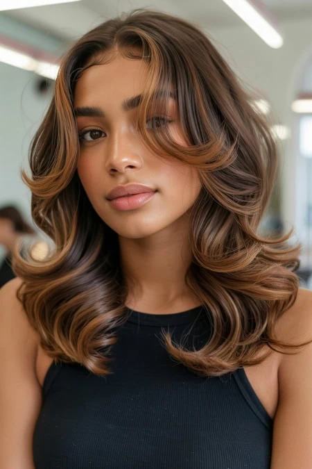 A woman with beautifully styled, voluminous brown hair featuring soft waves, wearing a black sleeveless top, in a modern salon setting with bright lighting and a professional atmosphere.