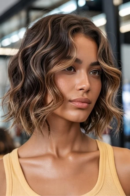A woman with shoulder-length, wavy, light brown hair styled in loose curls, wearing a yellow tank top, in a modern indoor setting with natural light and blurred background.