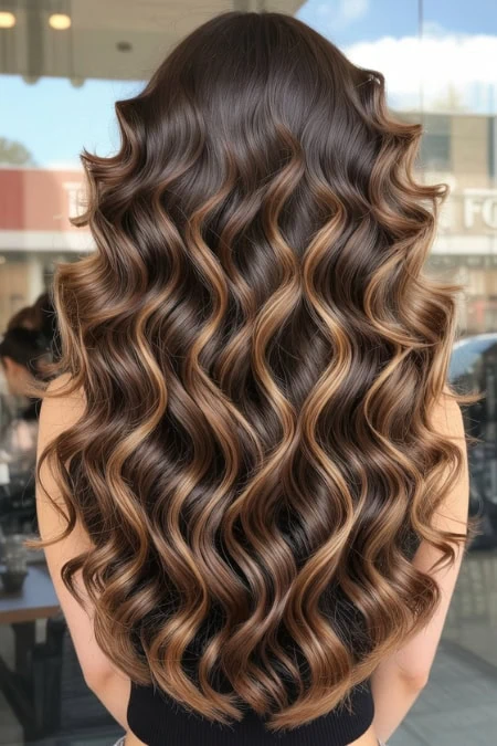 A lush, wavy brunette hair with caramel highlights, styled in voluminous curls, perfect for a beauty or haircare website.