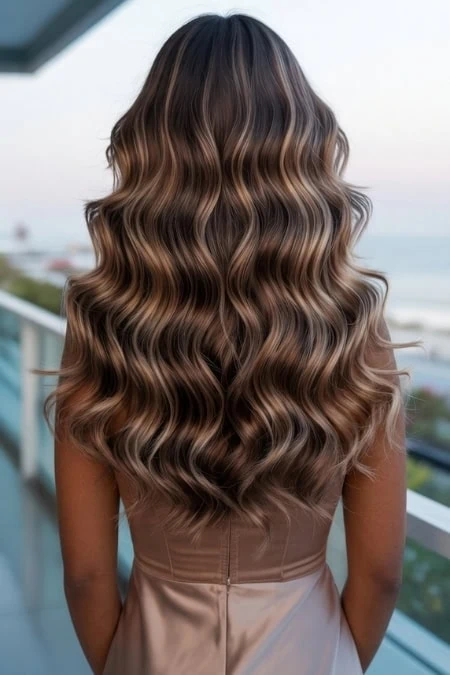 A lush, wavy brunette hairstyle with caramel highlights, styled in loose waves, perfect for a beachside or outdoor setting.