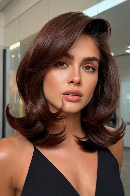 A woman with shoulder-length, styled brown hair and natural makeup, wearing a black sleeveless top, in a modern indoor setting with glass walls and bright lighting.