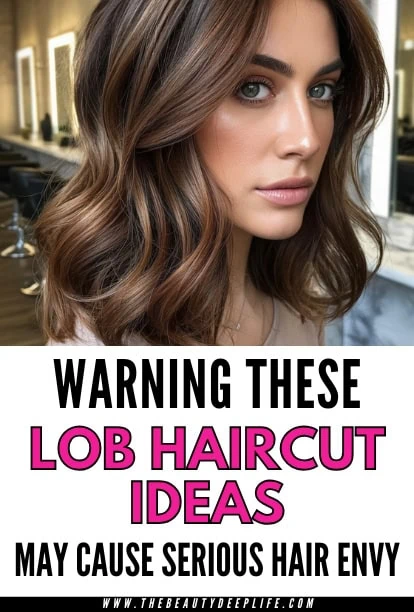 A woman with styled, voluminous lob haircut showcasing soft waves and rich brunette highlights, emphasizing trendy hair ideas and hair envy prevention.